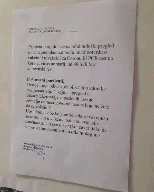 Doktor odlučio da ne prima nevakcinisane pacijente: “Vi se bolje razumete u oftalmologiju”